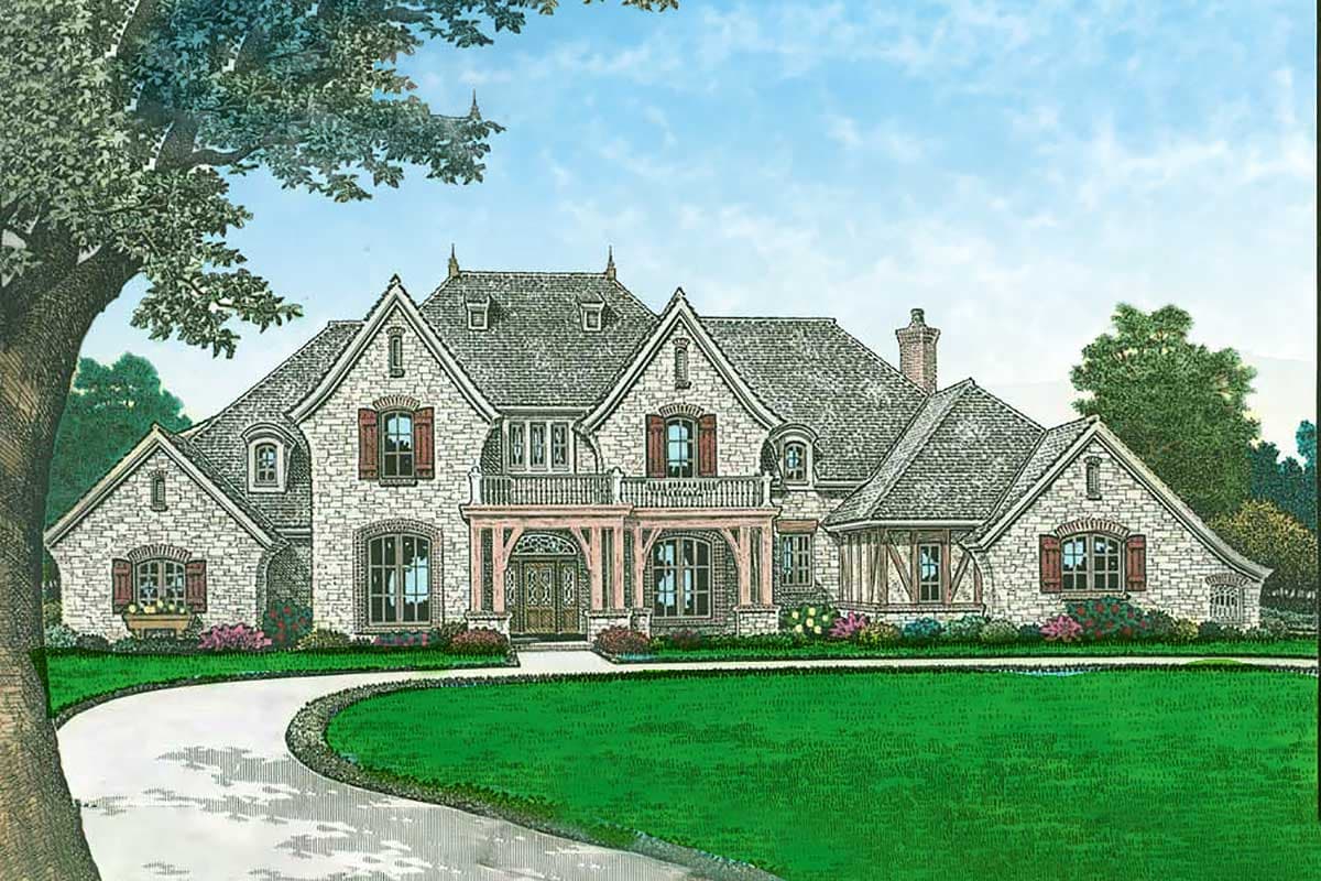 House plan exterior: Stone-clad, multi-gabled home with dormers, a second-story balcony, and arched entry.