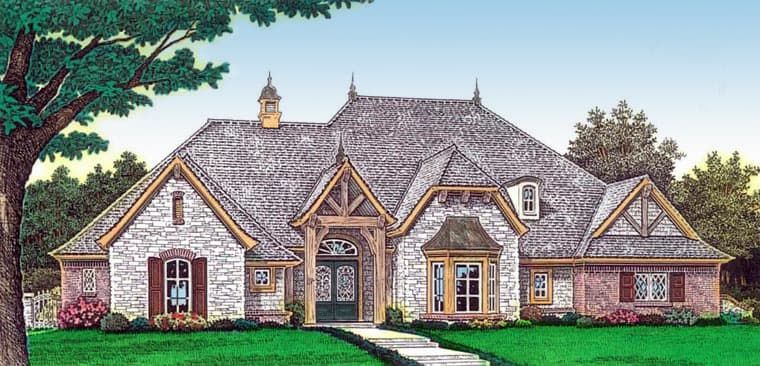 House plan exterior: One-and-a-half story with stone and brick facade, prominent gables, dormer window, and arched entryway.