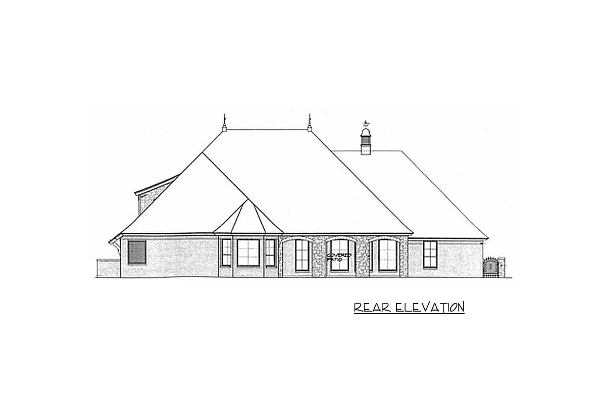 Rear elevation drawing of a house plan showing a multi-level roof, numerous windows, and a chimney.