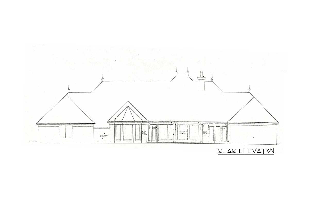 Rear elevation drawing showing a house plan with a hipped roof, gables, and a covered patio with French doors.