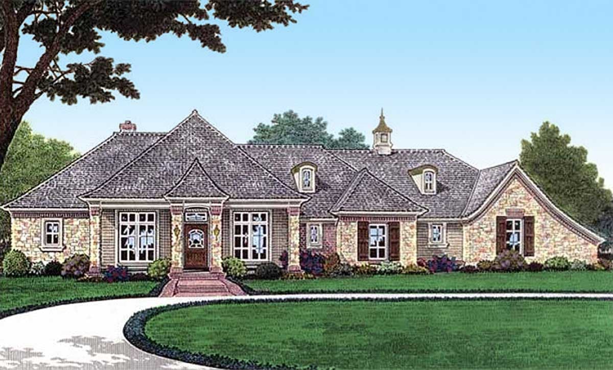 House plan exterior: One-story French Provincial style with stone and brick facade, multiple gables, dormers, and a cupola.