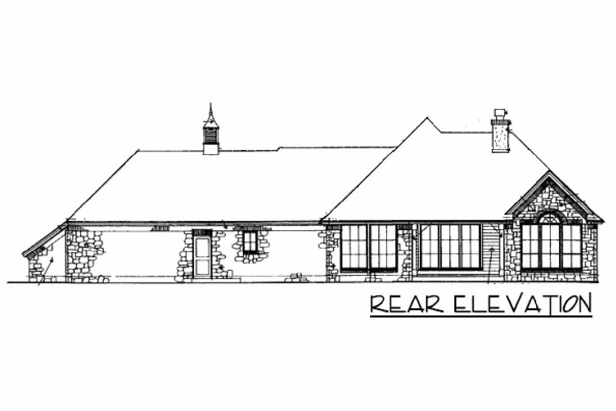 Rear elevation of a single-story house plan with stone facade, multiple gables, dormers, and large windows.