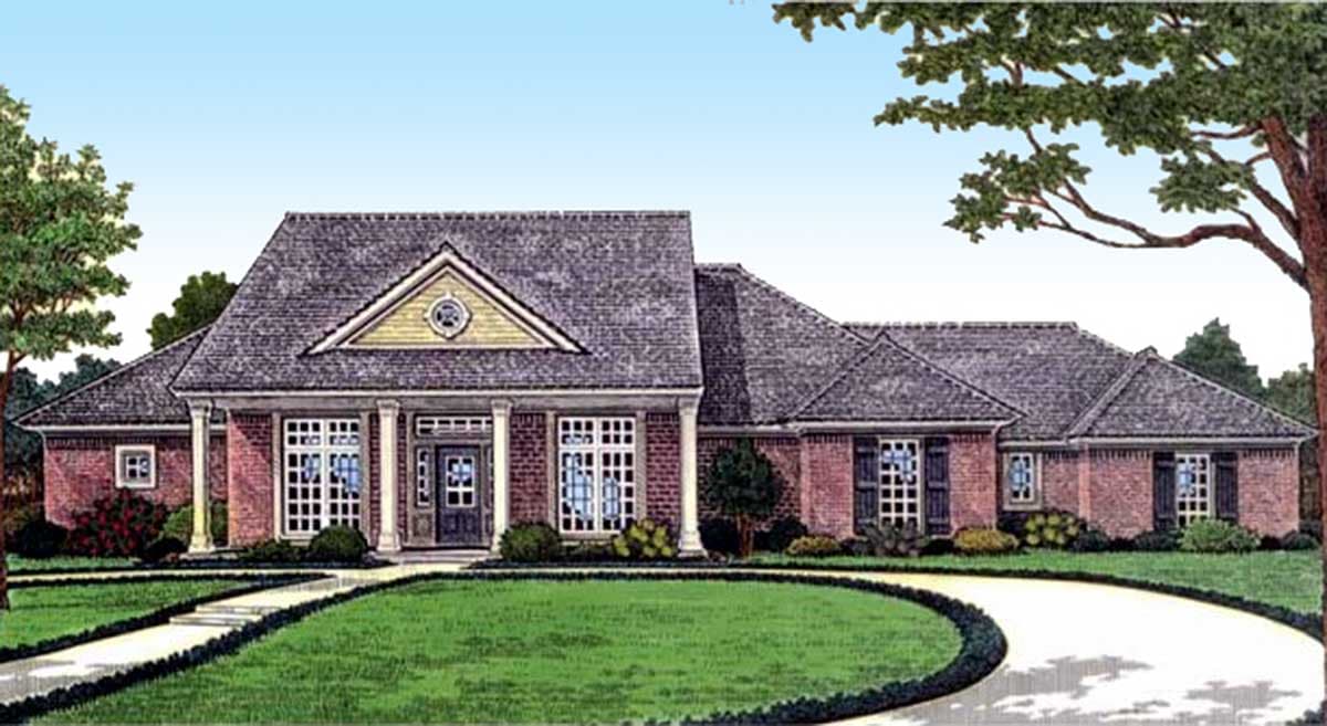 House plan exterior: single-story brick home with a gabled central entry, columns, and large windows.
