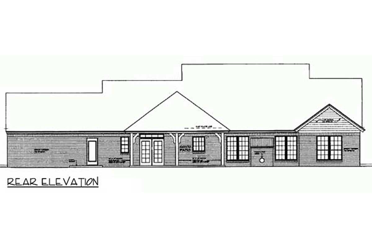 Rear elevation drawing of a house plan featuring a central gabled roof over double doors, windows, and a covered patio.