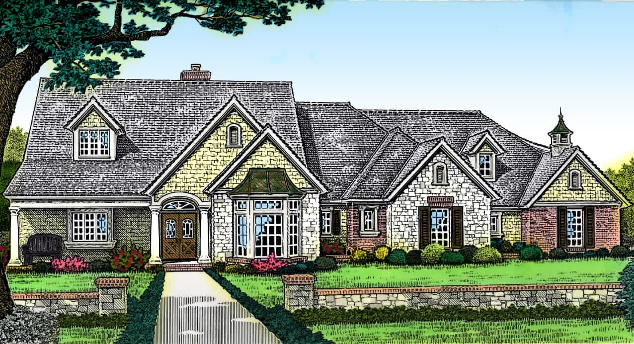 House plan exterior of a one-story home with gables, dormers, a prominent bay window, and brick and stone accents.