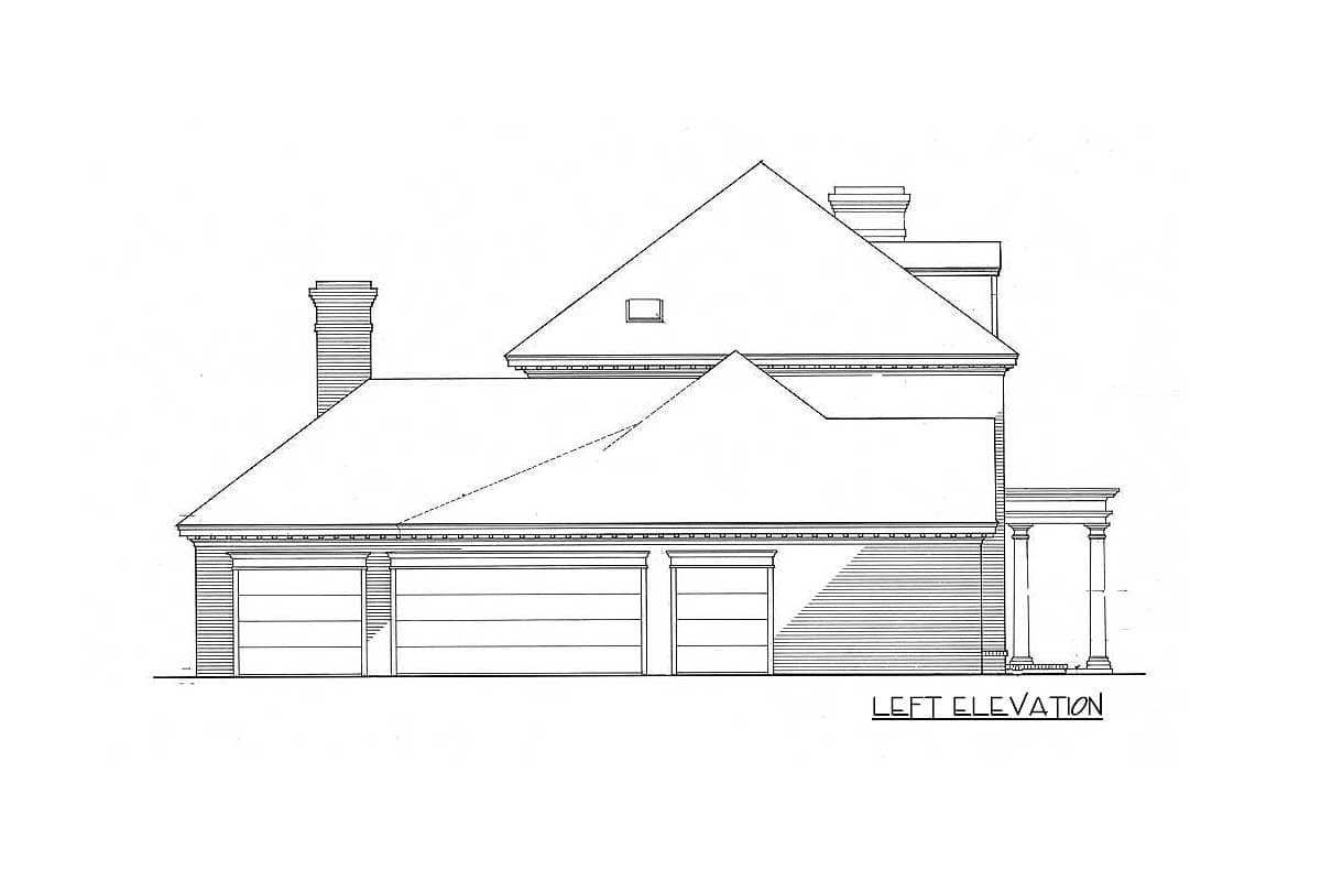 Left elevation house plan with three garage doors, varied rooflines, and a prominent chimney.
