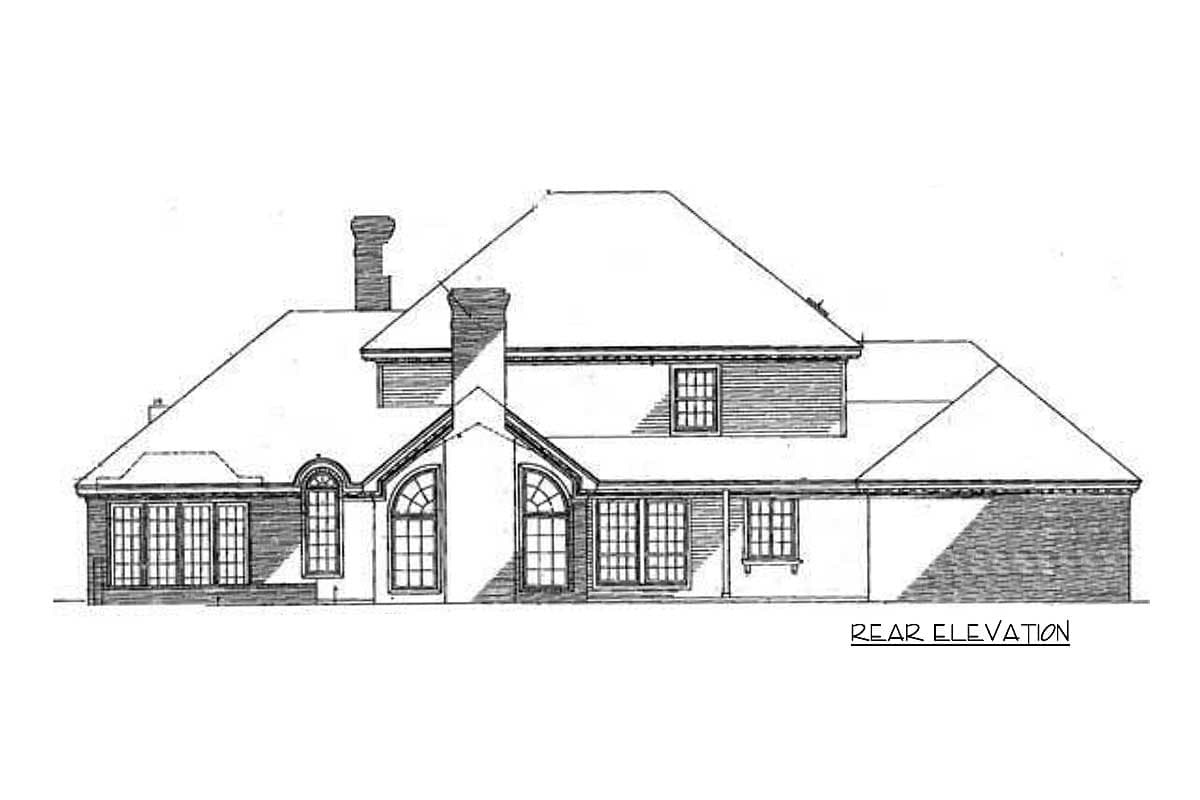 Rear elevation drawing of a house plan with multiple gables, arched windows, and chimneys.