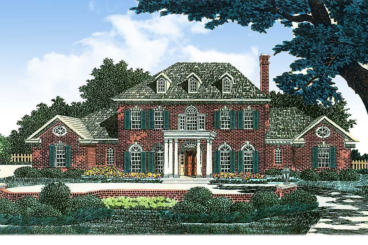House plan exterior: Colonial style, brick, two stories, portico with columns, dormer windows, and symmetrical facade.