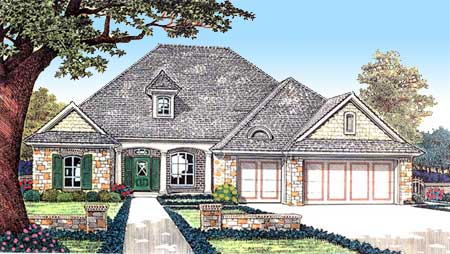 House plan exterior: This one-story home features a mix of stone and brick, a prominent dormer, arched entry, and a three-car garage.