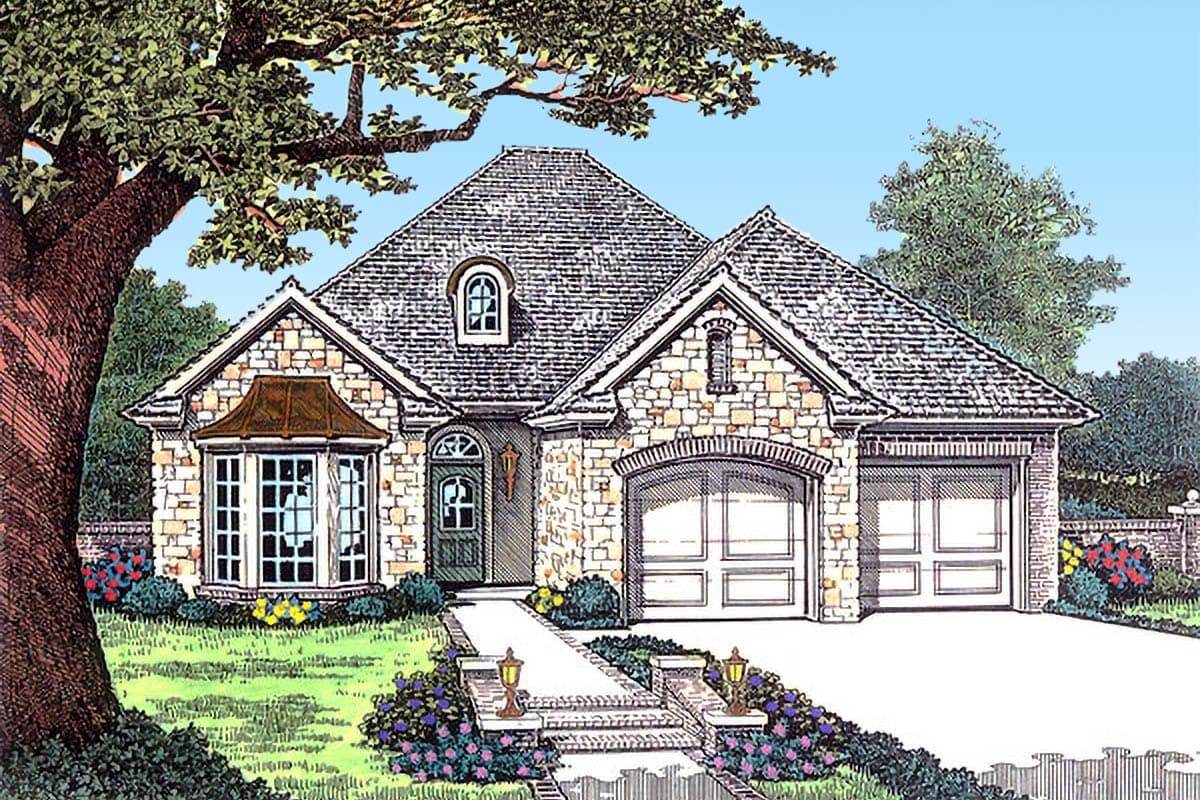 House plan exterior of a stone-clad, 1.5-story home with a bay window, arched garage doors, and a dormer window.