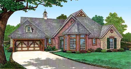 House plan exterior shows a one-story brick home with a side-entry garage, multiple gables, dormer window, and bay window.
