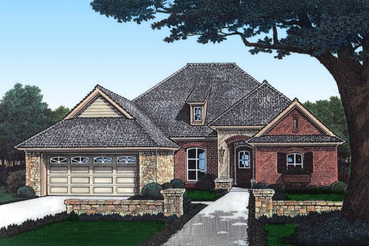 House plan exterior with brick and stone facade, arched entry, dormer window, and three-car garage.