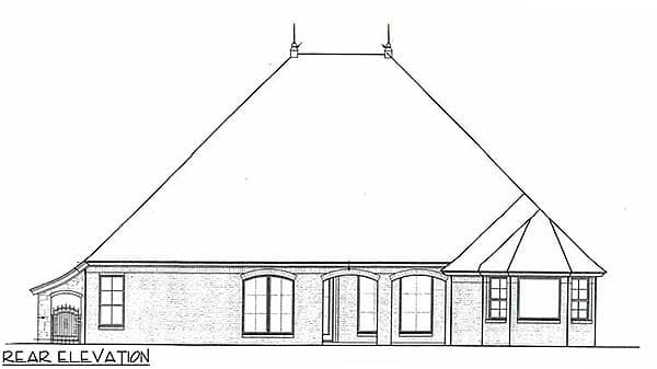 Rear elevation drawing of a brick house with a mansard roof, arched windows, and a bay window.