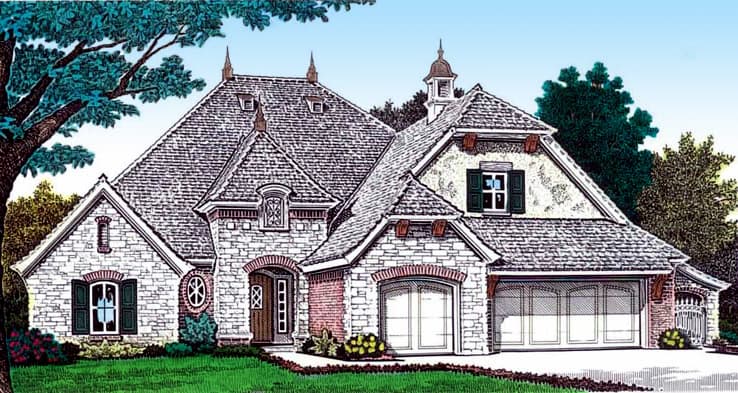 House plan exterior: stone and brick Tudor-style home with multiple gables, arched garage doors, and a cupola.