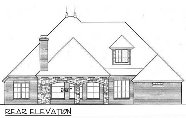 Rear elevation drawing of a house plan with stone and horizontal siding, dormer, and arched windows labeled "outdoor living."