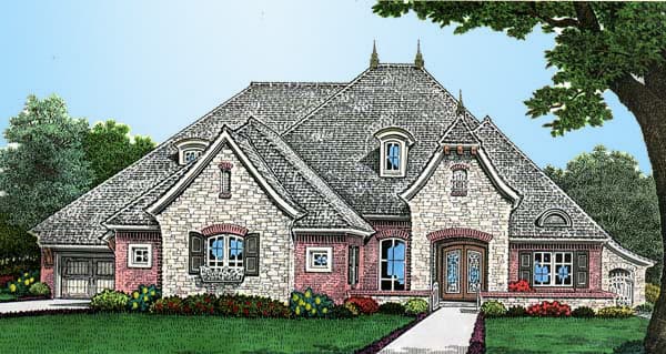 House plan exterior: French Country style, stone and brick facade, prominent gables, dormers, and a steep hip roof.