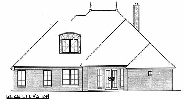Rear elevation drawing of a house plan featuring a prominent mansard roof, dormer window, and brick exterior.