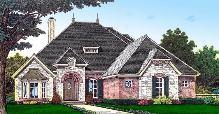House plan exterior with stone and brick facade, mansard roof, prominent dormer, and arched entry.