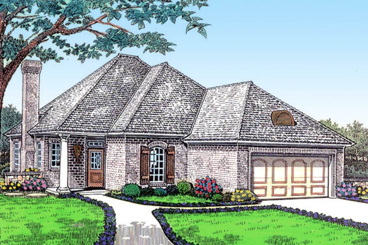 House plan exterior: One-story brick home with prominent gables, covered entry with columns, and attached garage with arched doors.