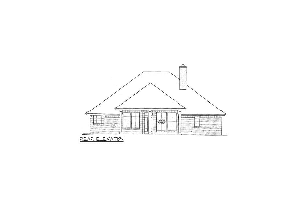 Rear elevation drawing of a one-story house with a hip roof, chimney, and covered patio.