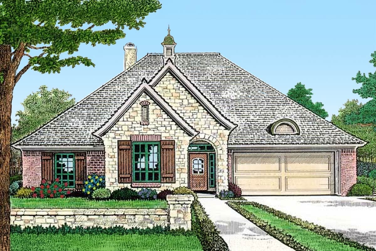 House plan exterior: Stone and brick one-story home with gabled roof, arched entry, dormer, and side-entry garage.