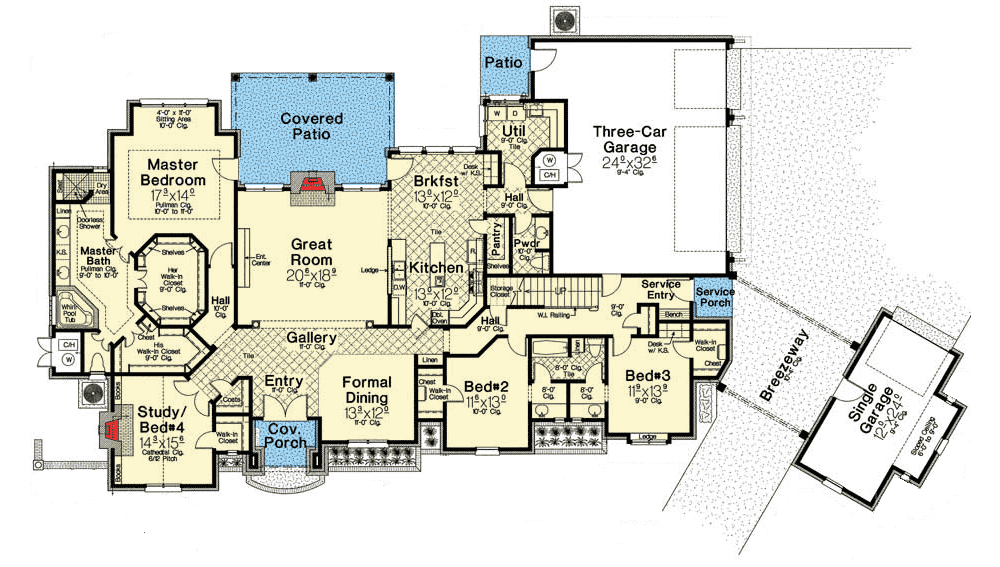 Plan 48495FM: One-Story French Country House Plan Under 3300 Square Feet with Bonus Expansion - Floor Plan - Main Level - European, French Country