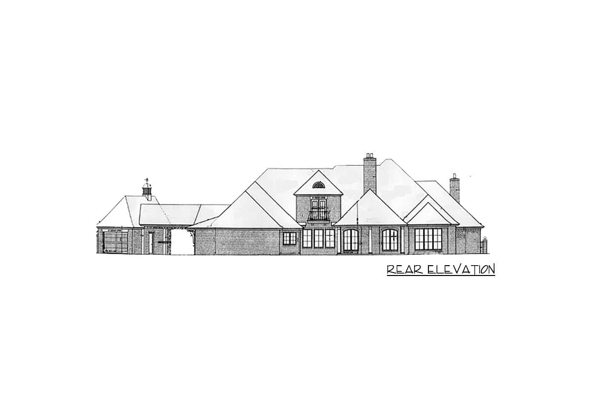 Rear elevation drawing of a large house with a garage, multiple gables, dormers, and prominent chimneys.