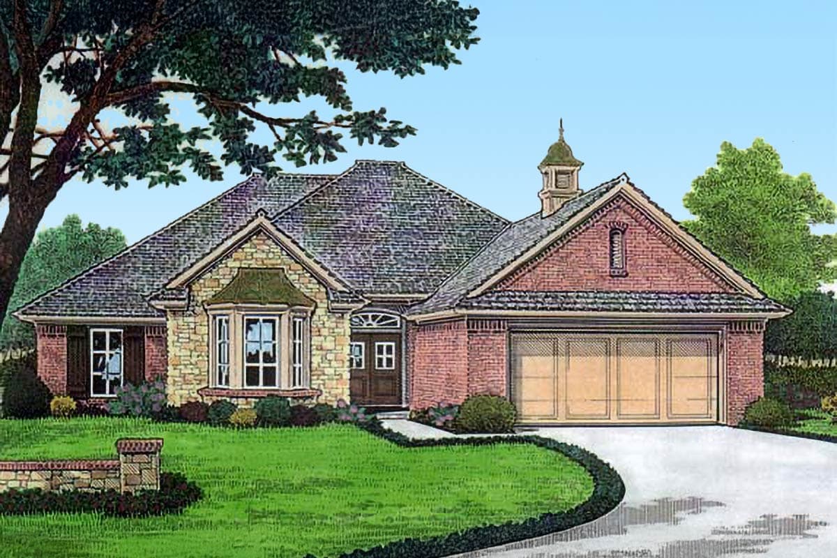 House plan exterior: single-story home with stone and brick facade, bay window, prominent rooflines, and side-entry garage.