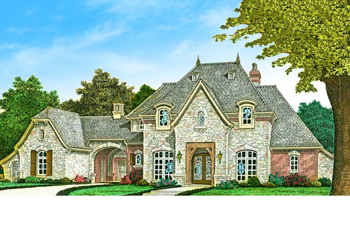 European-inspired house plan exterior with stone and brick facade, arched entryway, dormers, and multiple gables.