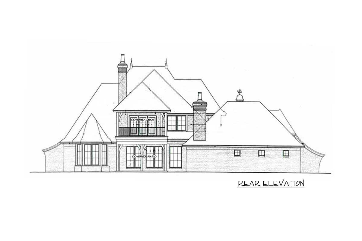 Rear elevation of a house plan showing a covered patio, second-story balcony, dormers, and varied rooflines.