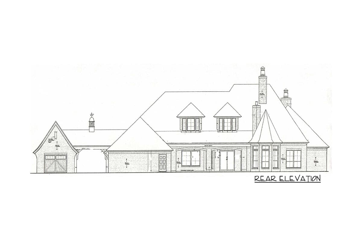 Rear elevation house plan with attached garage, dormers, multiple gables, and prominent chimneys.