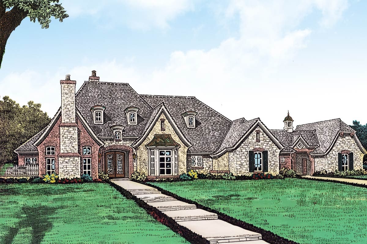 House plan exterior: French Country style with stone and brick facade, multiple gables, dormers, and a prominent chimney.