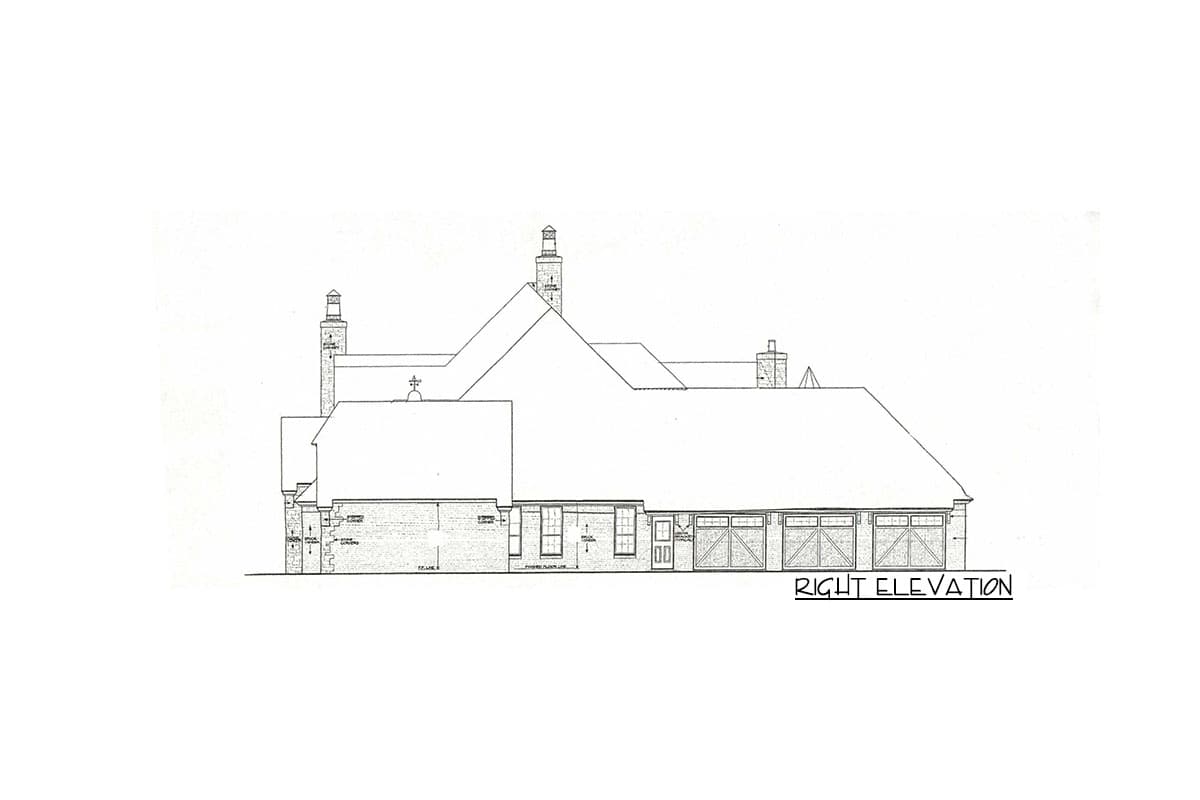 Right elevation drawing of a house plan, showing varied rooflines, multiple chimneys, a main entrance, and a three-car garage.