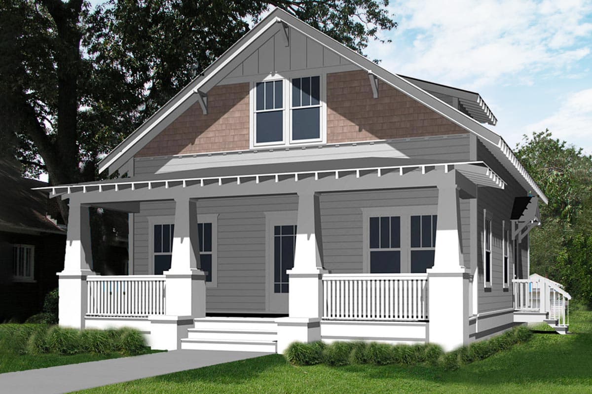 House plan exterior with Craftsman style. Features include a front porch with pergola, gabled roof, and decorative shingles in gable end.