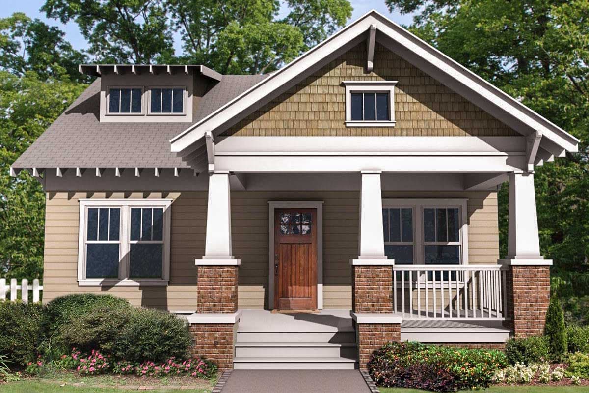 Craftsman house plan exterior with a covered front porch, dormer windows, and shake siding.