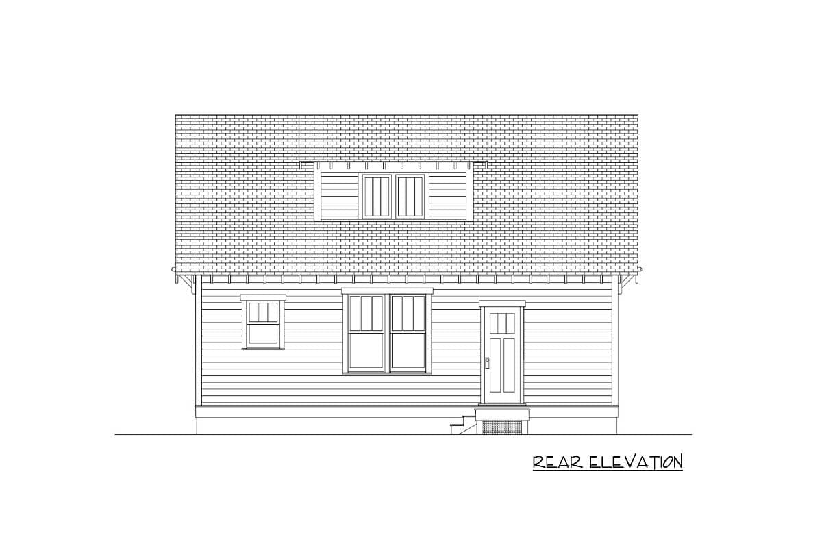 Rear elevation drawing of a house plan featuring a gabled roof, dormer windows, and horizontal siding.