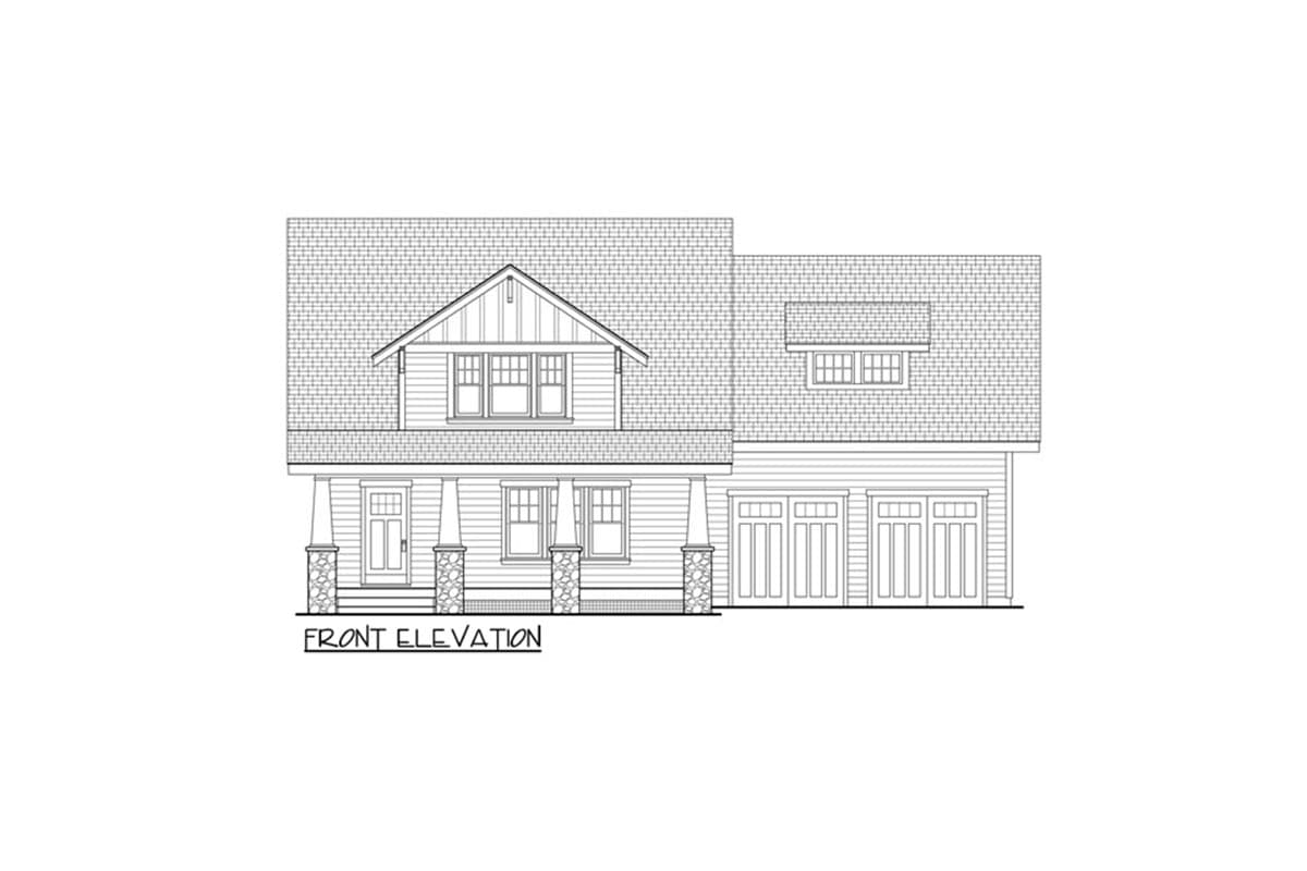 Front elevation of a two-story house plan with a covered porch, gabled dormer, and three-car garage.