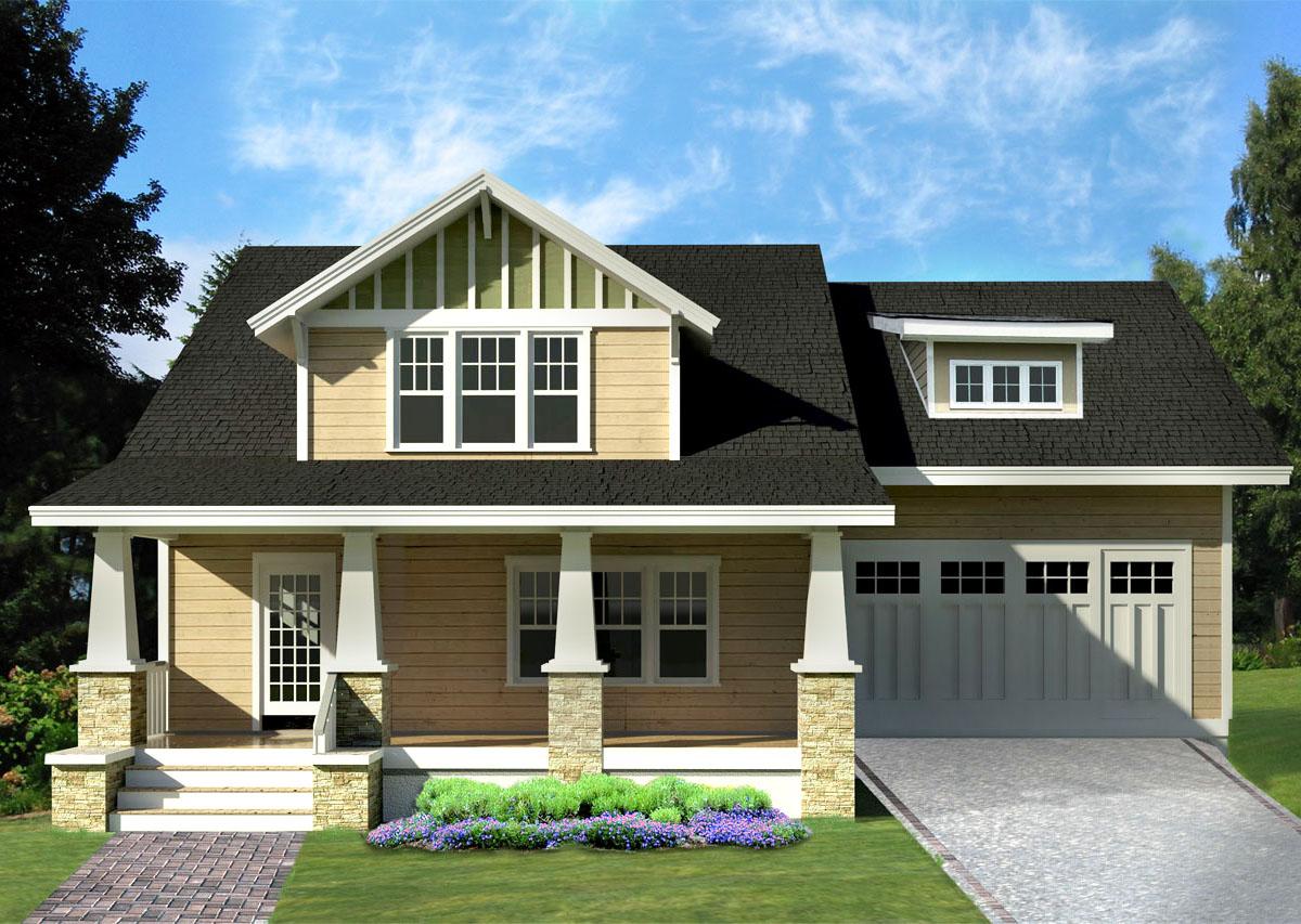 House plan exterior. Craftsman style, one-story home with front porch, gables, and attached garage. Stone-clad porch columns support the roof.