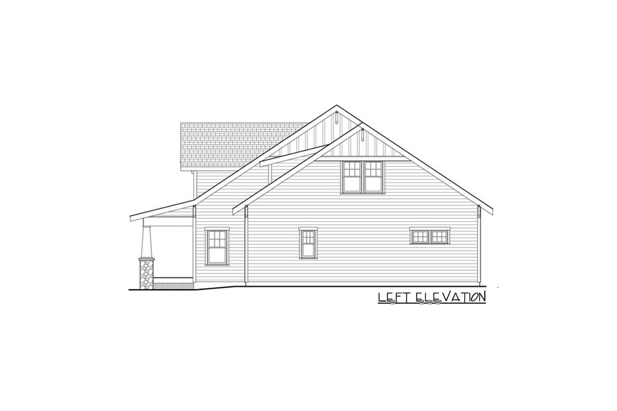 Left elevation house plan drawing showing a covered porch with stone support, multiple gables, and dormer windows.