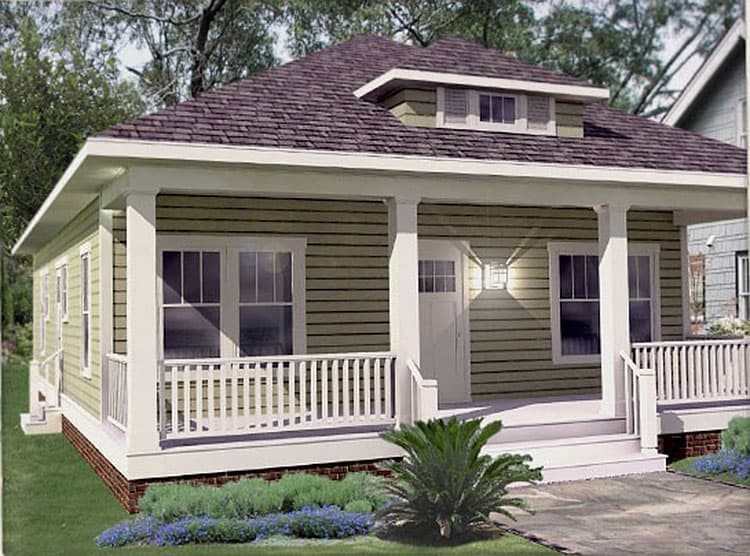 House plan exterior of a one-story Modern Farmhouse with a wrap-around porch, hip roof, and dormer.