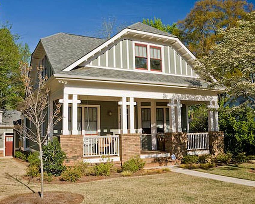 Craftsman style house plan exterior with wide front porch supported by square columns and brick base, gabled dormer.