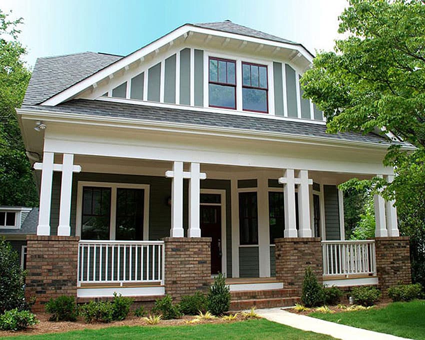 House plan exterior featuring a two-story Modern Craftsman style with a wide covered porch supported by brick piers and white columns.