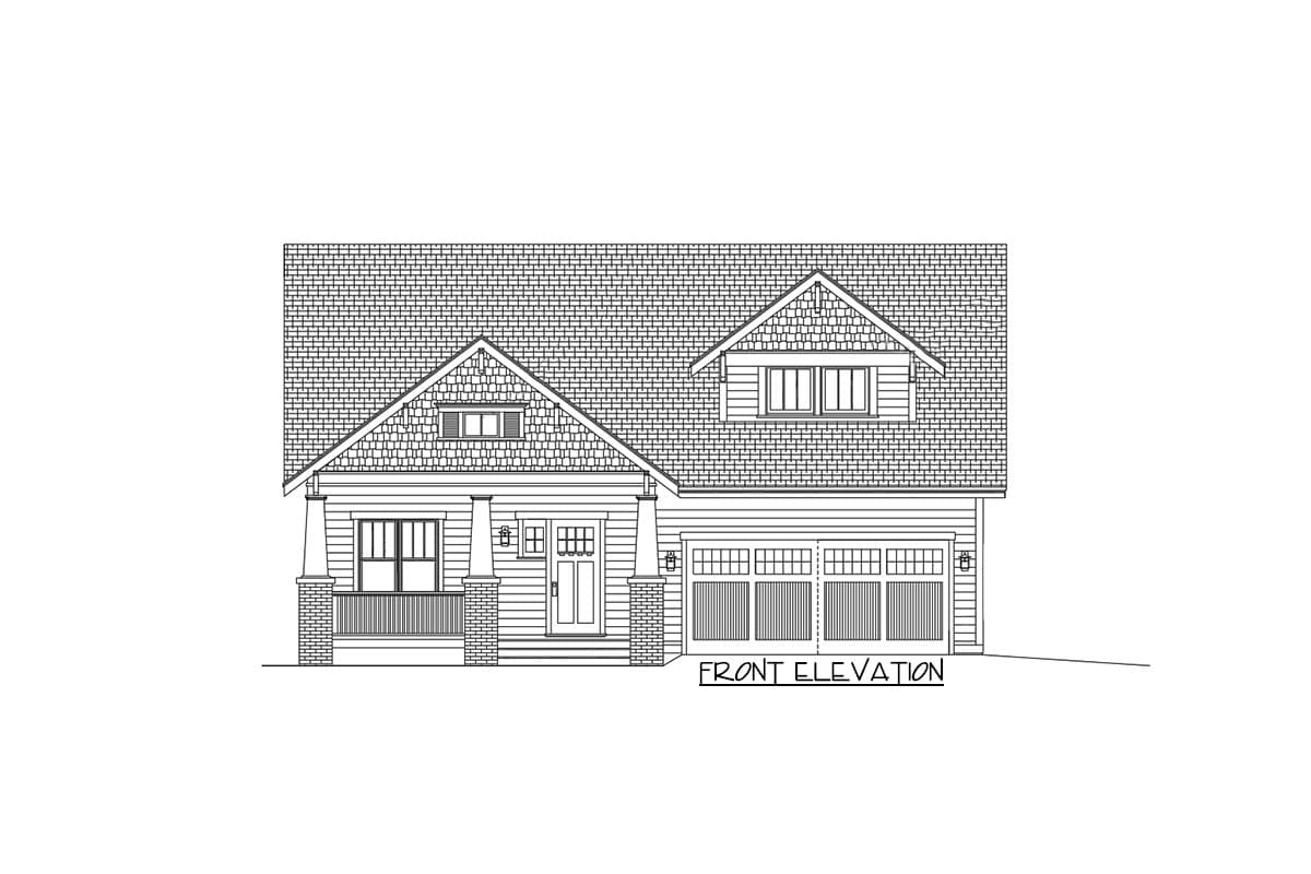 Front elevation of a two-story house plan with a covered front porch, gabled dormers, and a two-car garage.