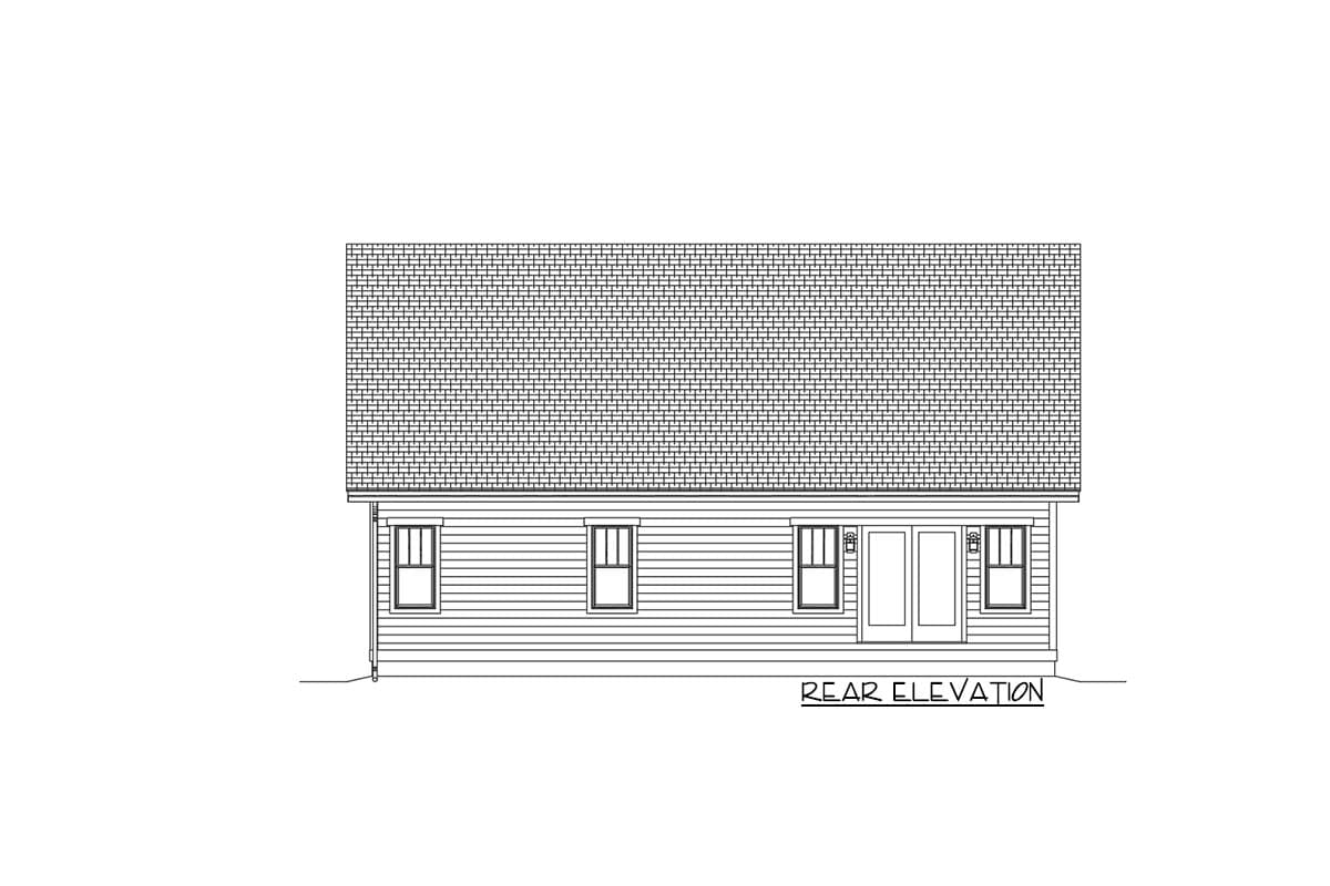 Rear elevation house plan showing a one-story structure with a gabled roof, three windows, and double doors.