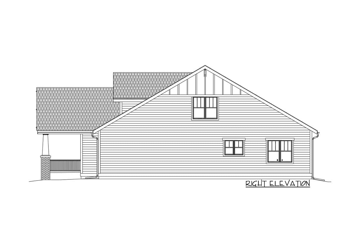 Right elevation house plan. Two stories with a side porch, gabled dormer, and horizontal siding.