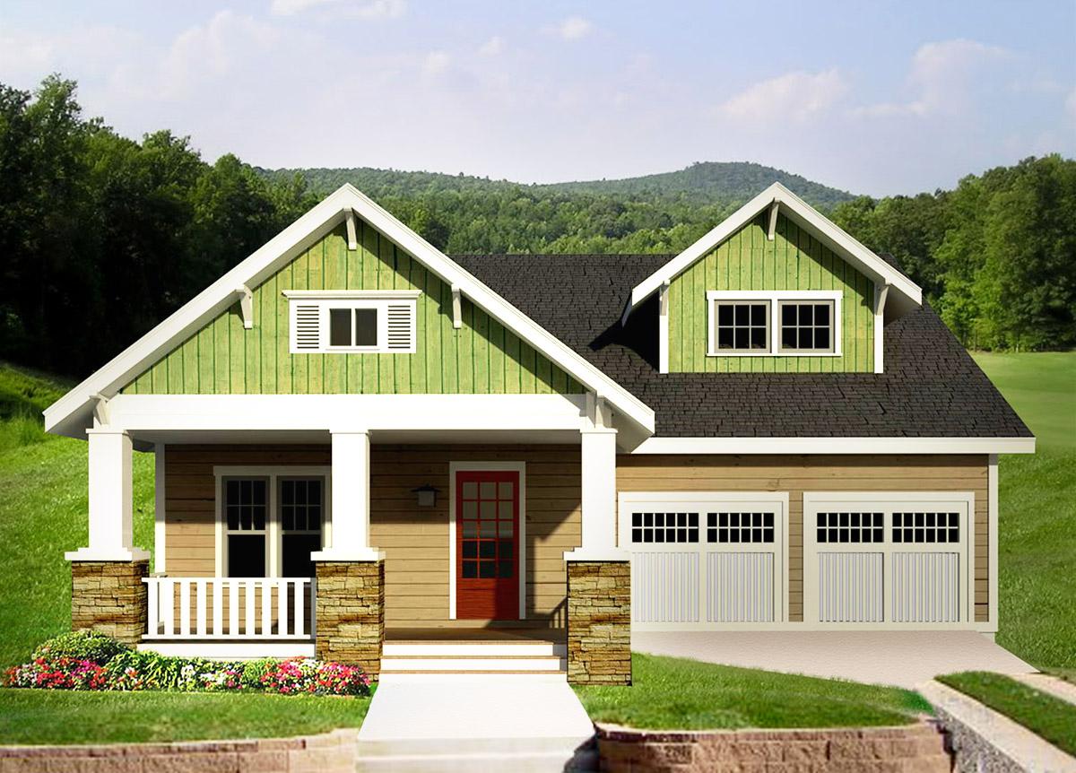 House plan exterior: Two-story home with prominent gables, covered porch, and a double garage. Modern Farmhouse style.