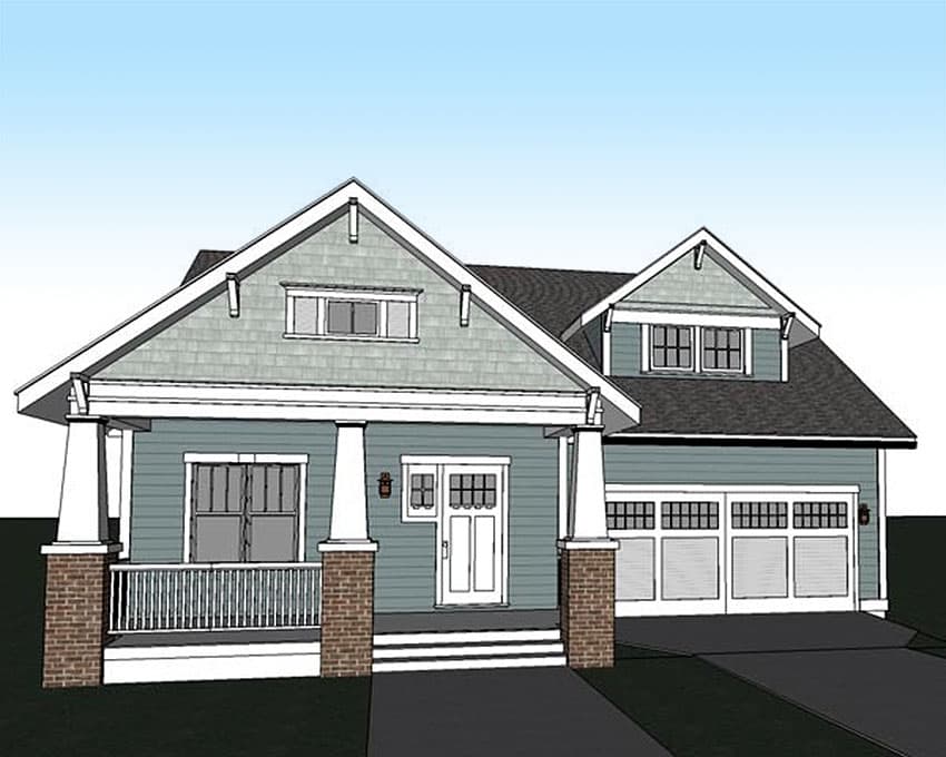Craftsman style house plan exterior with front porch, dormer, and attached two-car garage.