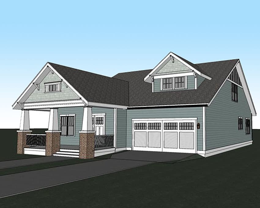 Craftsman style house plan exterior with covered front porch, gabled dormer, and attached two-car garage.