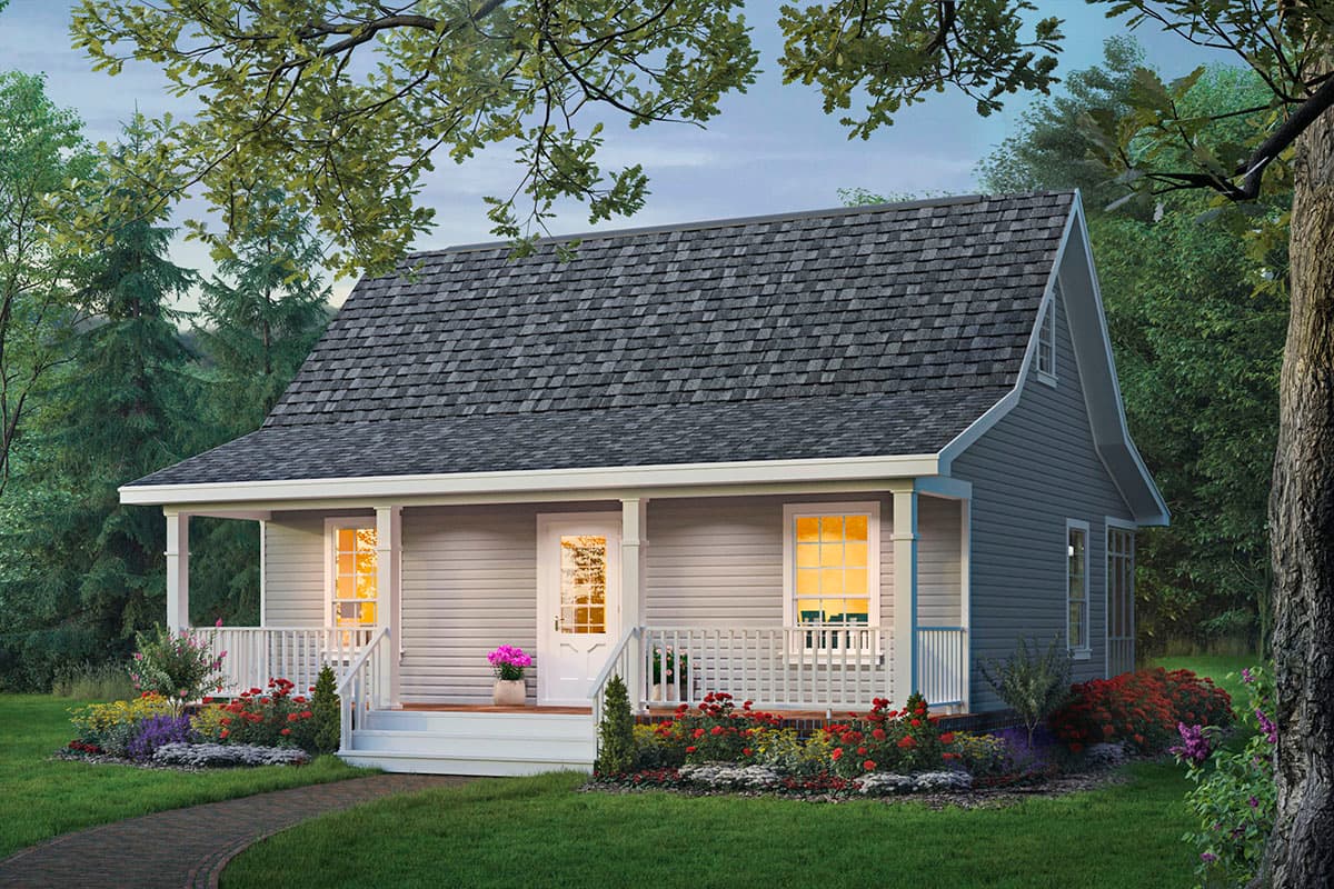 House plan exterior. One-story Cottage style home with gabled roof, front porch with columns, and dormer window.