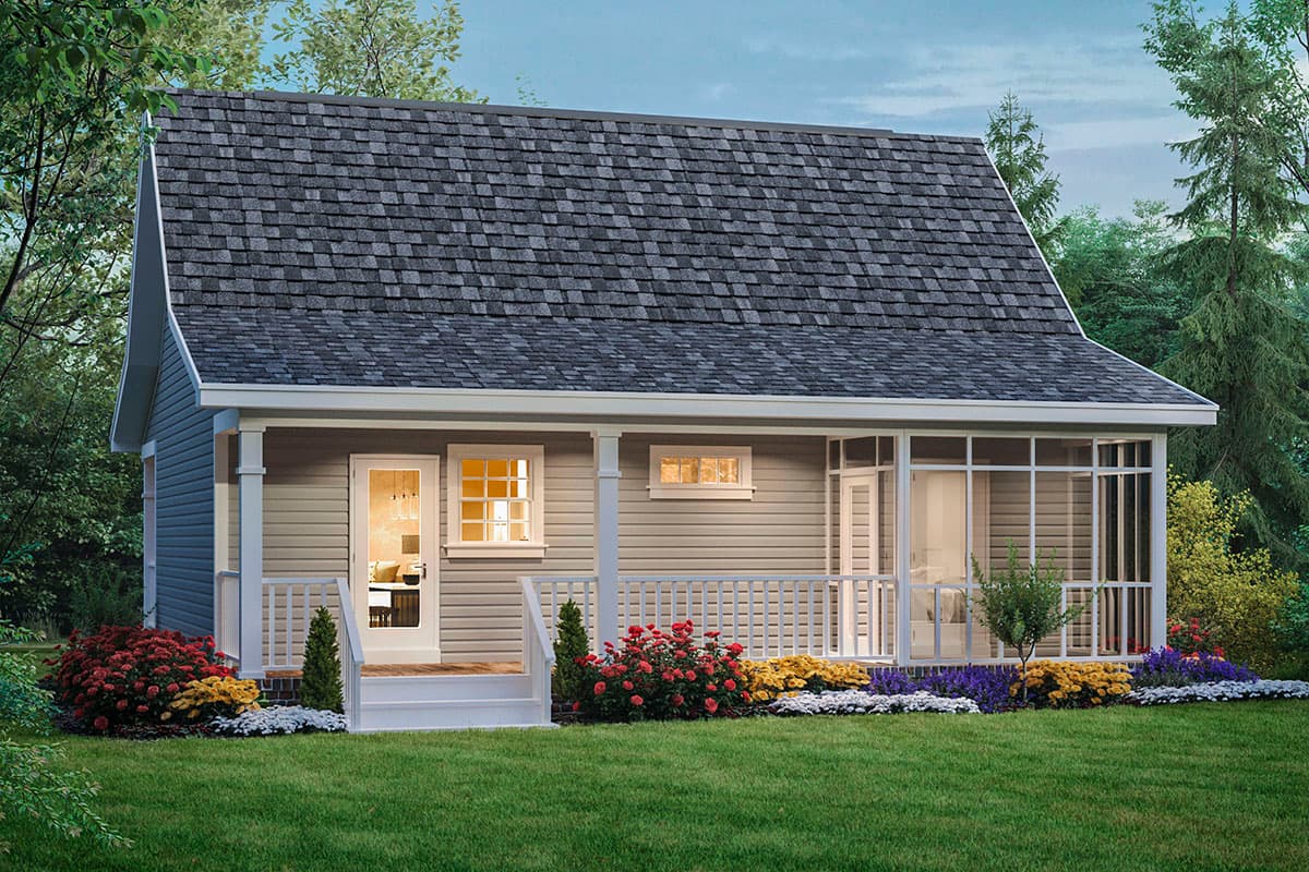 House plan exterior: Cottage style, one story, featuring a covered front porch with railing, gable roof, and screened-in porch.
